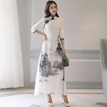 בציר סינית בסגנון אלגנטי סלים נשים בגדים נוף ציור Cheongsam שמלה לבנה הקיץ צ ' יפאו שיפון גלימת שמלות
