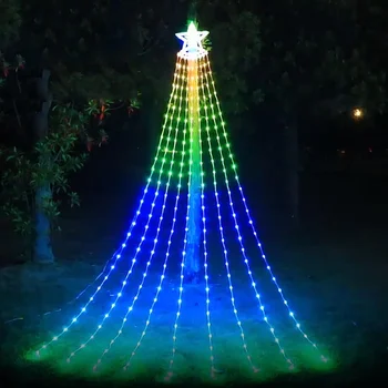 2024 שנה החדשה חג המולד קישוטי פיות אורות חיצונית חכם RGB כוכב מחומש מפל אורות מחרוזת חתונה גרלנד