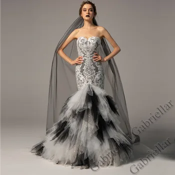 Gabriellar בתולת ים סטרפלס חתונה שמלה שחור-לבן לעומת רוכסן מעולה אפליקציות מנגב את שמלת Vestido De נוביה 2022