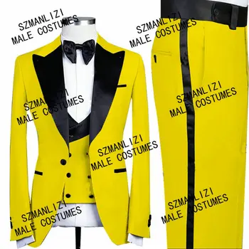 גברים 3 חתיכה חליפה צהובה מסיבה אחת על כפתור לשיא דש הנשף טוקסידו Slim Fit עבור חתן חתונה, חליפות לגברים בלייזר+אפוד+מכנסיים