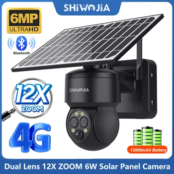 SHIWOJIA 6W פאנל סולארי מצלמת אבטחה WIFI/4G SIM השמש מצלמת אבטחה 12X זום 6MP כפול עדשה PIR מצלמות במעגל סגור, וידאו סוללה קאם