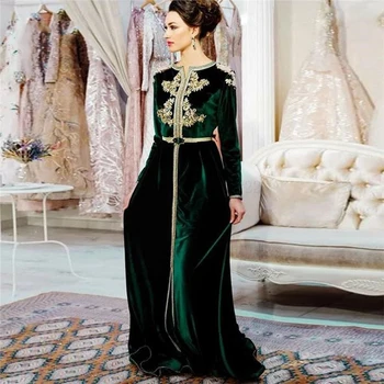 Thinyfull ירוק קטיפה מרוקאי ערב Dresse זהב אפליקציות תחרה שרוול ארוך דובאי הסעודית ערבית שמלת הנשף החלוק דה נשף