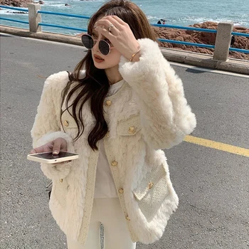אופנה קוריאנית כבש מעילי צמר נשים אופנת רחוב O-צוואר Faux פרווה, מעילים אישה 2023 חדשה סתיו חורף עבה חם מעיל קטיפה