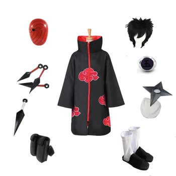 Brdwn Akatsuki אוצ 'יהא Obito הנינג' ה Cosplay ענן אדום הגלימה חליפה (תחפושת+נעליים+מסכה+שוריקן+טבעת+קונאי+תיק)