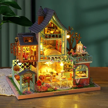 להרכיב Diy הבובות, בובת עץ בתים מיניאטוריים בית בובות ערכות רהיטים Casa מוסיקה הובילה צעצועים לילדים מתנות יום הולדת