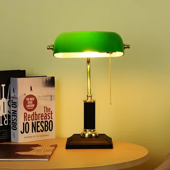אמנות רטרו מנורת שולחן בציר ירוק סרט זכוכית השולחן אורות האמריקאי השינה ליד המיטה המחקר עומדת מנורת לילה נוסטלגי שחור