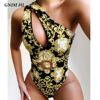 GNIM כתף אחת ביקיני Mujer 2020 סקסי חלול החוצה בגדי ים נשים מקשה אחת הדפסה בגד ים ברזילאי עם חגורה הקיץ Biquini