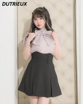 האביב קיץ של נשים חצאית בסגנון יפני צבע מוצק אופנה אלגנטית גבוה מותן חצאית רופפת מזדמן חצאית שחורה על הגברת