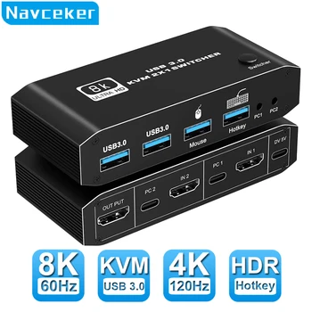Navceker 8K KVM HDMI תואם-4K 120Hz 2 יציאת HD KVM החלפת תיבת USB משותפת צג מקלדת ועכבר המדפסת למחשב