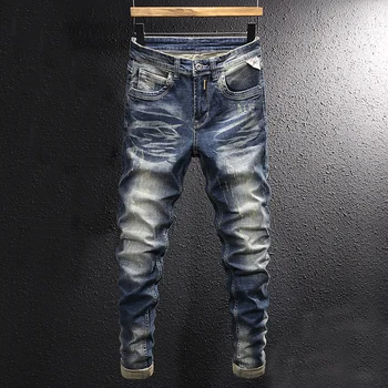 אופנת רחוב אופנה גברים ג 'ינס רטרו כחול אלסטי Slim Fit ג' ינס קרועים גברים מעצב בציר מזדמן למתוח מכנסי ג ' ינס גבר