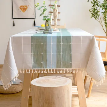 אופנה פס עיצובים מוצק פשתן דקורטיבי מפת שולחן עם ציציות מלבנית חתונה שולחן אוכל לכסות תה בד השולחן