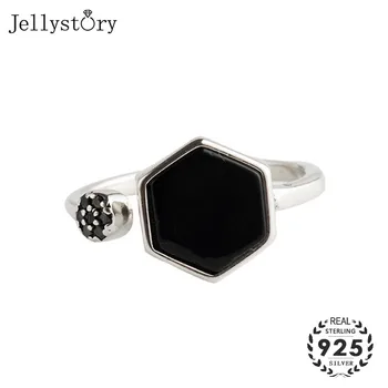 Jellystory 100% סטרלינג 925 טבעת כסף עם צורה גיאומטרית אובסידיאן אבני חן פתח טבעות תכשיטי יוקרה לנשים מסיבת החתונה.