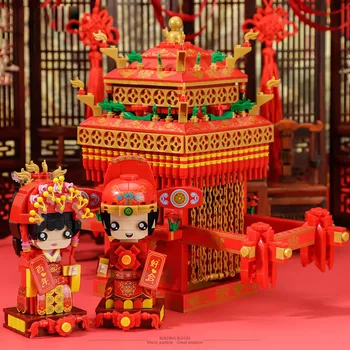 יצירתי מיני בלוק סינית מסורתית חתונה אדומה כיסא החתן ואת הכלה דמויות בניין לבנים צעצועים אוסף מתנה