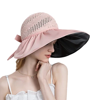 נשים קיץ אלגנטי דלי כובע עם עניבת פרפר. הגברת ויניל קרם הגנה חוף כובע לנשימה חיצונית שוליים רחבים, הגנה מפני שמש כיסוי