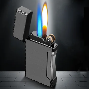 יצירתי מתכת Windproof כפול אש גז מציתים להבה כחולה ולפתוח באש למילוי גז הכלי צור Cigar Lighter