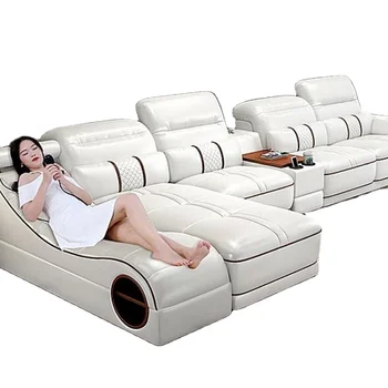 סיטונאי באיכות גבוהה עור אמיתי ספה פינתית לסלון ספות רב תפקודית הספה עם מיטות עיסוי USB נגן מוסיקה
