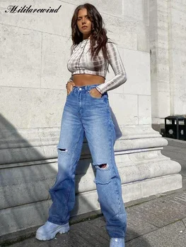 חור, קרע בג 'ינס נשים גבוה Waisted ג' ינס מכנסיים נשים מזדמנים ישר לעטוף המכנסיים שטף רחב הרגל המכנסיים Y2K גודל 34-44