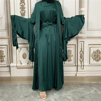נוצץ סאטן קימונו המוסלמי פתח כפיות לנשים דובאי 2 חתיכת קבוצה השמלה טורקיה הרמדאן Kaftan בגדים האסלאמית תלבושות הערבי חלוק