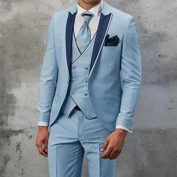 שמיים כחולים Slim Fit גברים טוקסידו עם שיא דש 3 חתיכה חליפת חתונה מותאם אישית לחתן ערב רשמי הלבוש 2023