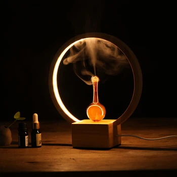 שמן ארומטי טהור מפזר עם בסיס עץ & זכוכית Nebulizing ארומה מפזר חם עם אור LED עבור המשרד הביתי חדר ניחוח