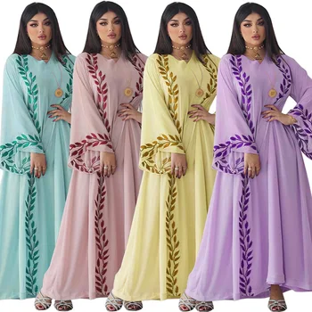 במזרח-התיכון אופנה רחוב קיץ שיפון ארוך המוסלמים רקמה ורוד צוואר V להתלבש עם חיג ' אב שמלה רופפת מוסלמי מרוקאי גלימה