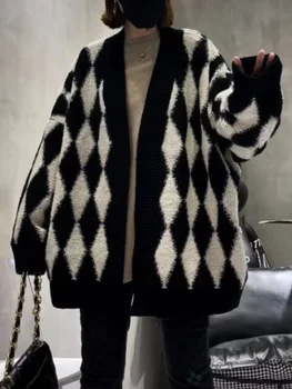 אופנה נשים סוודרים 2023 חורף אופנה קוריאנית שרוול ארוך העליון משוחרר בלוק צבע Knitwears קרדיגן מזג V-צוואר המעיל