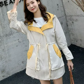 2023 האביב והסתיו חדש קוריאני גרסה מזדמנים באמצע אורך נשים מעיל עם ברדס רופף מעיל רוח גדול סטודנט בלוק צבע עליון