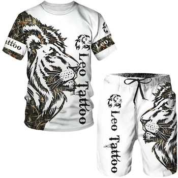 הקיץ של גברים בעלי חיים T לבן שרוול קצר חולצת האריה 3D מודפס O-צוואר Tees&מכנסי חליפה מזדמנת ספורטוויר אימונית להגדיר