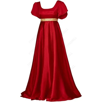 בציר שמלה אדומה בסגנון ויקטוריאני שמלת נשף גבוהה המותניים נסיכה, תחפושת Cosplay שמלה נשים שמלת מסיבת התה עם אבנט