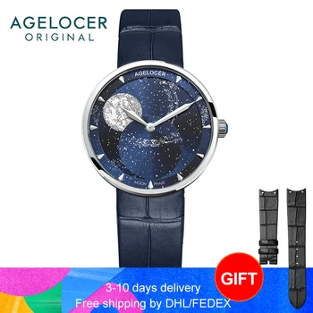 AGELOCER מותג בנות האמיתי Moonphase השעון נשים ספיר עמיד למים כחול עור כף היד שעונים הירח שלב צמיד 6504A1