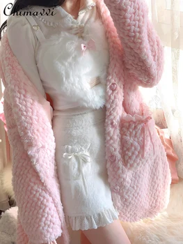 אופנה הלב אבזם קטיפה אמצע אורך המעיל 2023 החורף החדשה מתוק טמפרמנט שרוול ארוך מעיל חם Kawaii נשי בסגנון מעילי