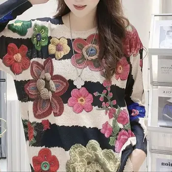 קוריאני חופשי פרחוני מודפס צוואר עגול סרוג חולצה 2022 בגדי נשים כל המשחק אופנה אופנתי טלאים חולצות שרוול ארוכות