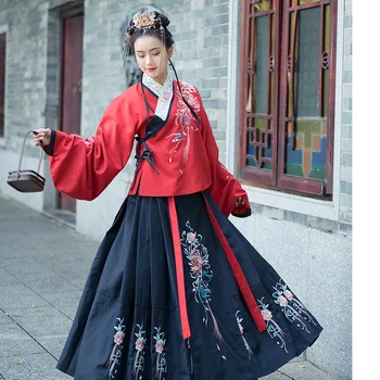 ההאנבוק הזה נשים של פרח חוצה קולר העליון הז 'קט+חצאית וינטאג' קלאסית מדריך תפירה באיכות גבוהה שושלת מינג Hanfu תחפושת