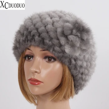 חדש לנשים החורף יד סרוג אמיתי חורפן פרווה המחבל כובע 100% טבעי חם מינק כובעי פרווה הגברת איכות יוקרה אמיתית חורפן פרווה כמוסות