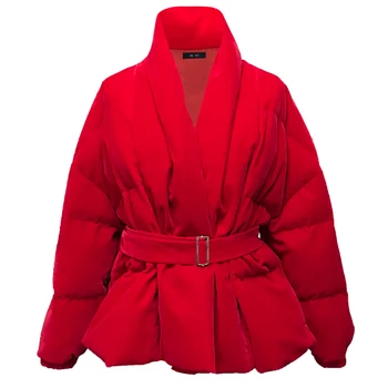 נשים מעיל החורף צוואר V עם חגורת חם כותנה עבה מרופד והברדסים ' קט קטיפה אדום ארוך שרוול קצר מקרית למטה מעיל כותנה