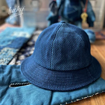 יפן כחול בסגנון צבוע קנדו בד אגן כובע יפנית לגברים ונשים כותנה, מידה אחת מקרית כיפת דייג דלי כובעים