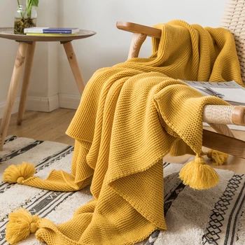 צהוב שמיכה ספה לסרוג לזרוק שמיכה מוצק רך פונפון ציציות שמיכה נסיעות 130x160cm בית ספה כסא הספה למיטה 50
