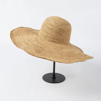 אלגנטי אופנה צרפתית יוקרה רפיה כובע קש לנשים מזדמנים בעבודת יד, כובע קש רחב שוליים כובע קיץ חוף השמש כובע כובע מותאם אישית