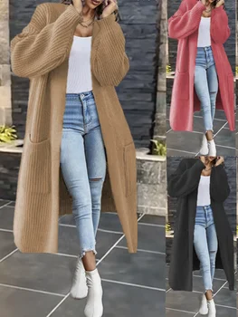 קרדיגן נשים ארוך סרוגים מזדמן בציר מוצק צבע רופף סוודר מעיל אופנה בסיסי כל-התאמה מוצק אפודות חדש