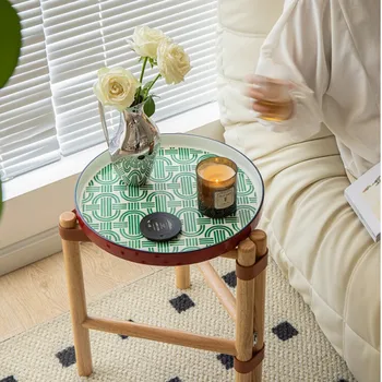 מומו רטרו ספה שולחן צד מעץ מלא, שולחן קפה קטן שולחן ליד המיטה מדף מרפסת קטנה שולחן עגול מגש שולחן פינתי