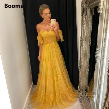 Booma צהוב מתוקה קו שמלות נשף את הכתף 3D פרחים שכבות טול שמלות ערב פתוח בגב הרשמית שמלות לנשף