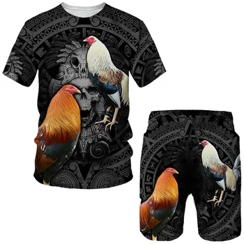 מצחיק תרנגול ציד הסוואה T-Shirt_Shorts_Suit גברים מגניב עוף הזין חיה 3D מודפס נשים בגדים 2 יח ' אימונית ספורט