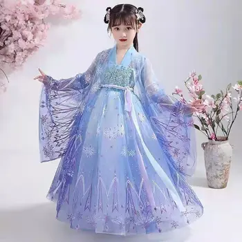 סינית מסורתית עממית שמלת ריקוד בנות פיות רקמה חצאית Hanfu בנות נסיכה שמלות להגדיר הילדים המפלגה Cosplay בגדים