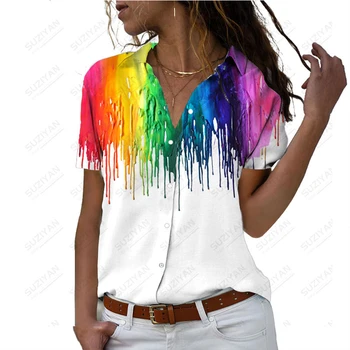 קיץ, שרוול קצר מזדמן העליון של נשים חולצה הדפסת 3D בתוספת גודל 2023 חדש בענן צבע צבע צבע Slim Fit פשוט העליון