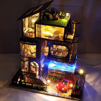 להרכיב Diy בית בובות צעצוע עץ Miniatura בתי בובות מיניאטורי בובות צעצועים עם ריהוט אורות Led ילדים, מתנות ליום הולדת