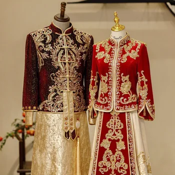 סינית מסורתית פייטים חרוזים חתונה שמלת חלוק החתן תחפושת וינטג ' טוסט ביגוד אלגנטי מזרחי טאנג מתאים
