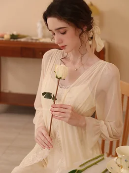 2023 האביב החדש הצרפתי נסיכה, הלבשת לילה נשים שרוול ארוך רשת פיית רומנטי פיג ' מה Nightdress מתוק סקסי הבגדים הביתה