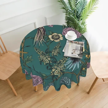 בציר תוכי עם מלבלב פרחים עגול מפת שולחן עמיד למים צבעוני ציפורים על ענף בד שולחן קמט חינם דקורטיביים