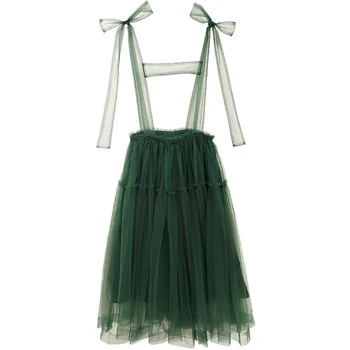 Midi טול Suspender חצאית נשים 2022 קוריאני אופנה ירוקה ארוכה עם קפלים חצאית טוטו שכבות אלסטיות גבוהה המותניים מסיבה קו רשת חצאיות