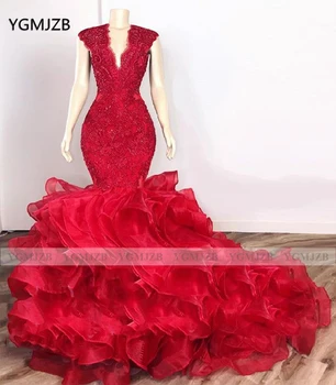 אדום בתולת ים שמלה לנשף 2020 צוואר V כובע השרוול Ruffles חרוזים קריסטלים תחרה שמלת נשף נשים רשמי שמלת מסיבת שמלות ערב